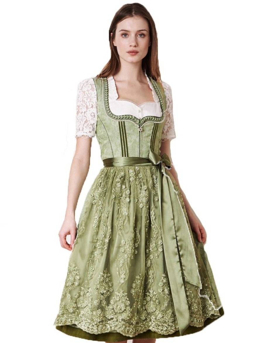 Damen KRÜGER COLLECTION Dirndl | Kruger Dirndl "Gesia" Mit Spitzenschurze 111065 | Hellgrun 70Cm