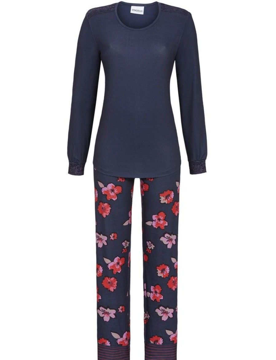 Damen Ringella Nachtwasche | Ringella Damen Langarm Pyjama "Winter Flowers" 2511232 | Deep Blue