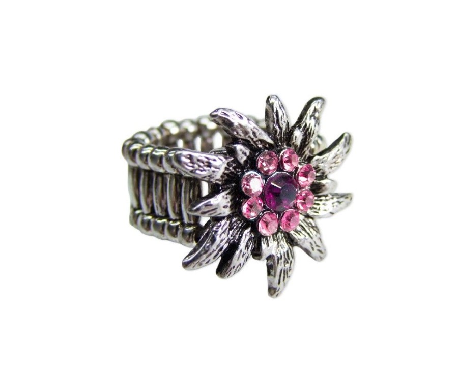 Schmuck Trachtenland | Edelweis Trachtenring Mit Strass - Rosa