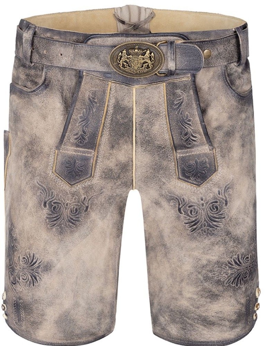 Herren Maddox Lederhosen | Maddox Kurze Lederhose "Ammersee" Mit Gurtel | Grau - Marmor