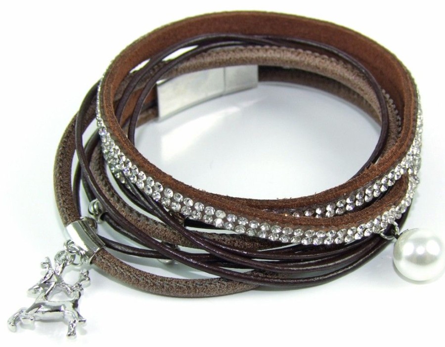 Schmuck Trachtenland | Wickelarmband Mit Strass Und Hirsch Anhanger - Dunkelbraun