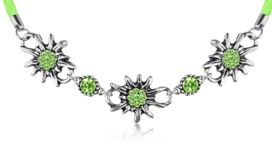 Schmuck Wolkenweis | Trachten Halskette "Selina" Collier Mit Edelweis Und Strass | Hellgrun