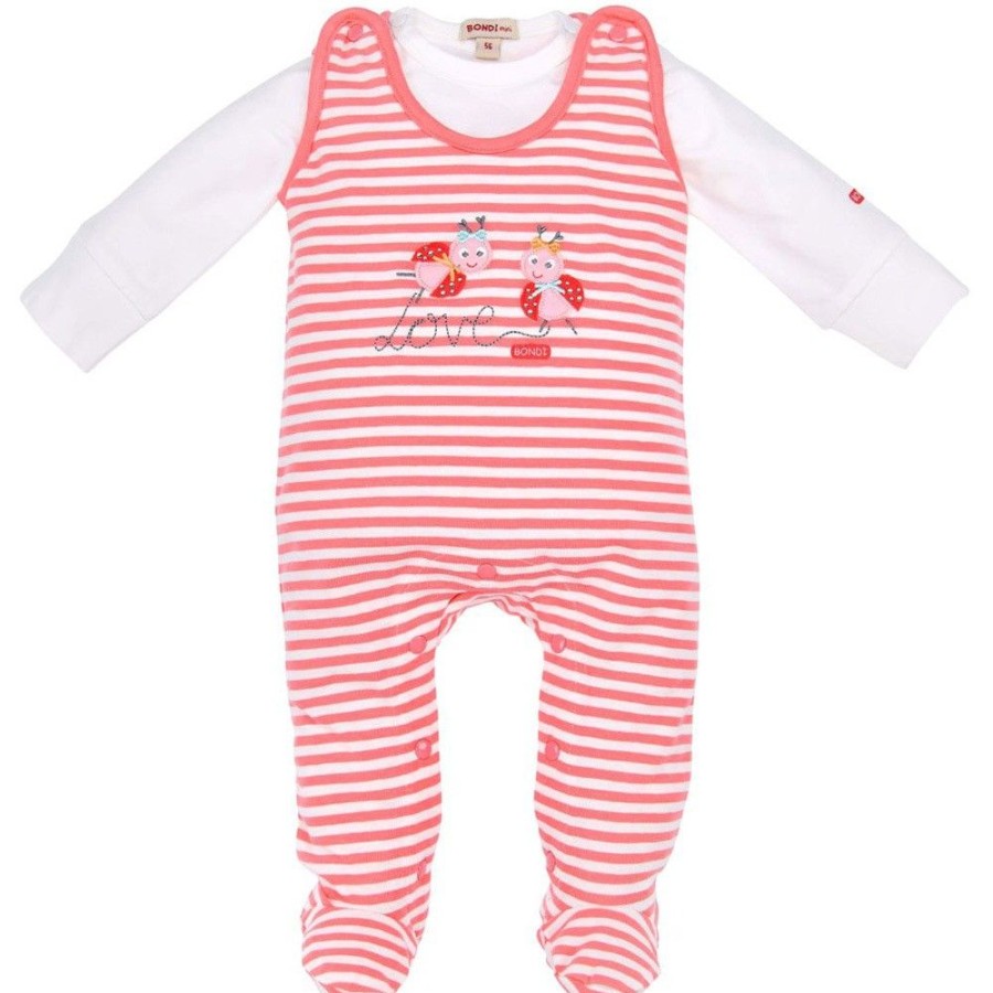 Madchen BONDI Baby Strampler | Bondi Baby Strampler "Marienkafer" Mit Streifen 93696 - Koralle / Weis | Strampelanzug