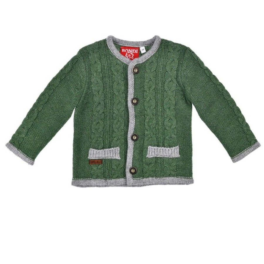 Jungen BONDI Jacken | Bondi Jungen Trachten Strickjacke Mit Zopfmuster 91639 | Grun