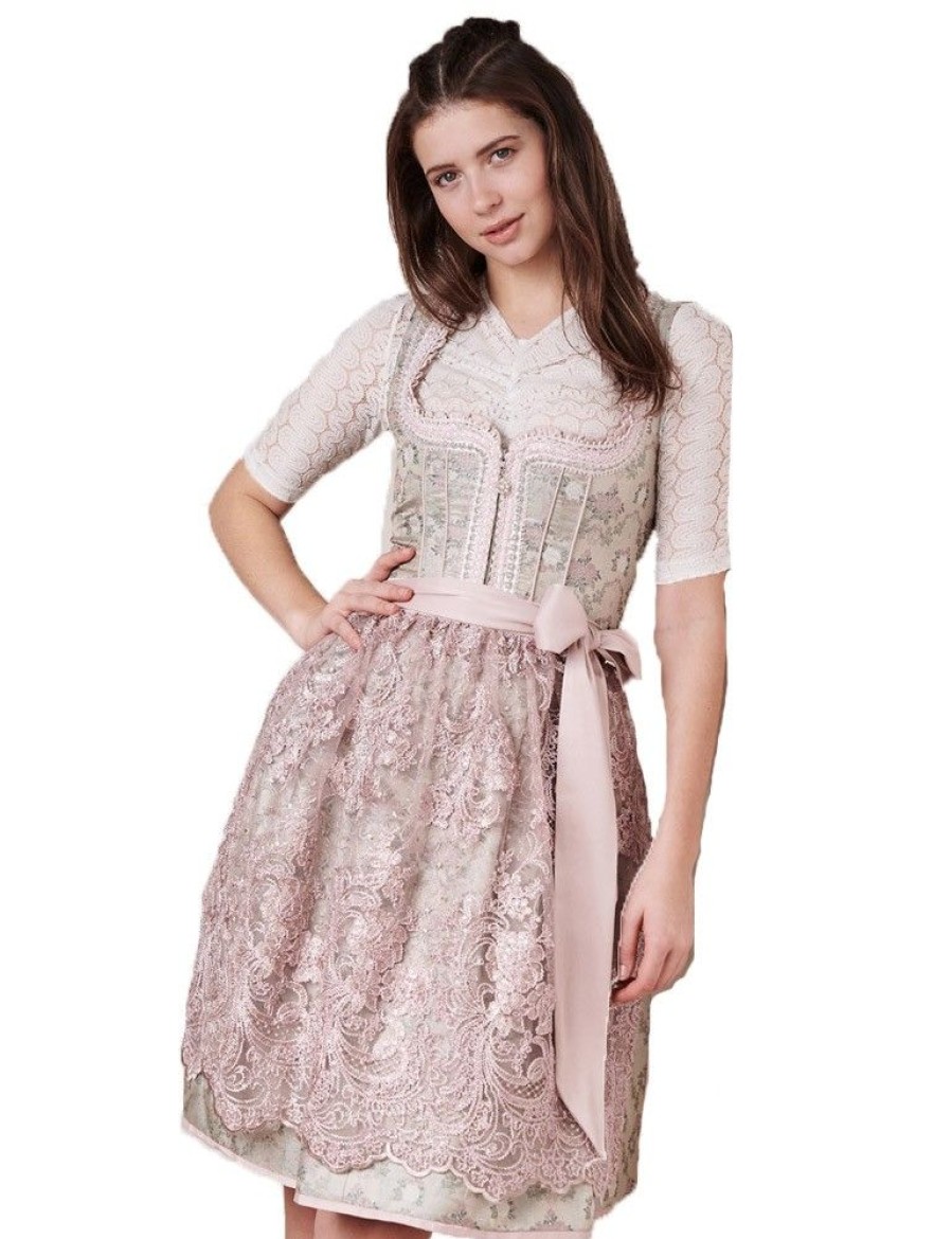 Damen Krüger MADL Dirndl | Kruger Dirndl "Roxana" Spitzenschurze 414365 | Hellgrun Rosa 60Cm