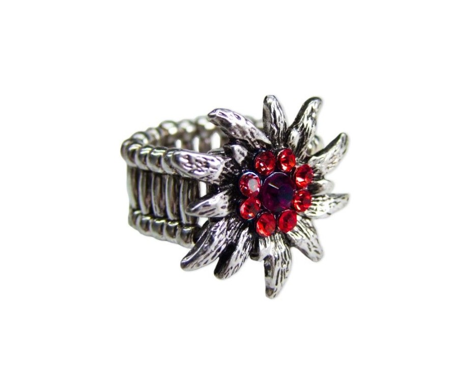 Schmuck Trachtenland | Edelweis Trachtenring Mit Strass - Rot