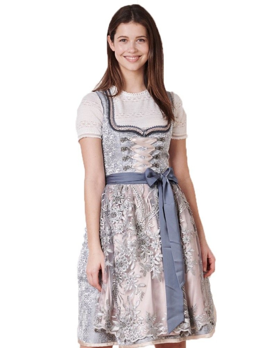 Damen Krüger MADL Dirndl | Kruger Dirndl "Aria" Mit Spitzenschurze 416665 | Grau Blau - 60Cm