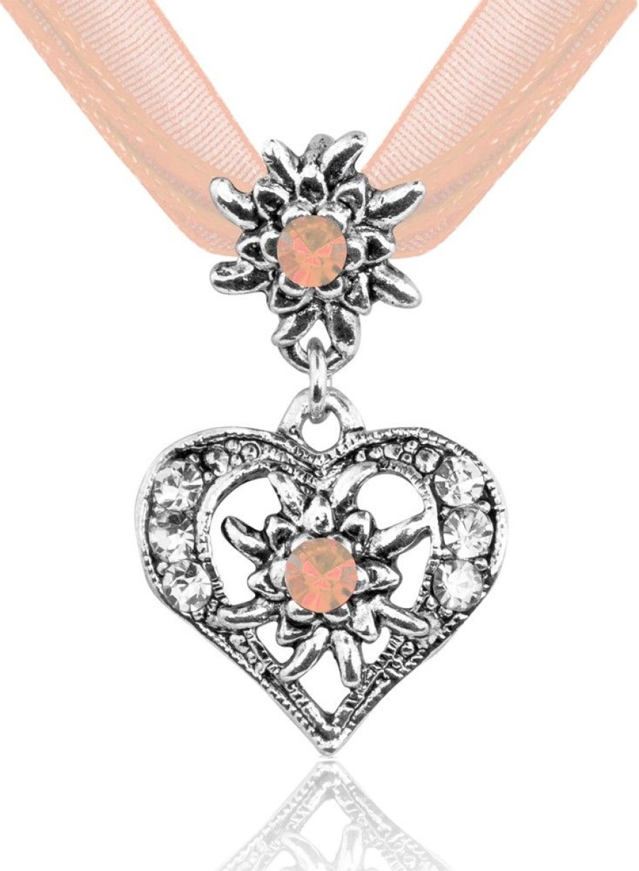 Schmuck Trachtenland | Halskette "Davina" Mit Edelweis Und Herzanhanger - Apricot