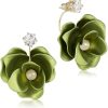 Schmuck LUISIA® | Luisia® Front Back Ohrringe Jarla Mit Blumen - 16 Karat Vergoldet Olivgrun