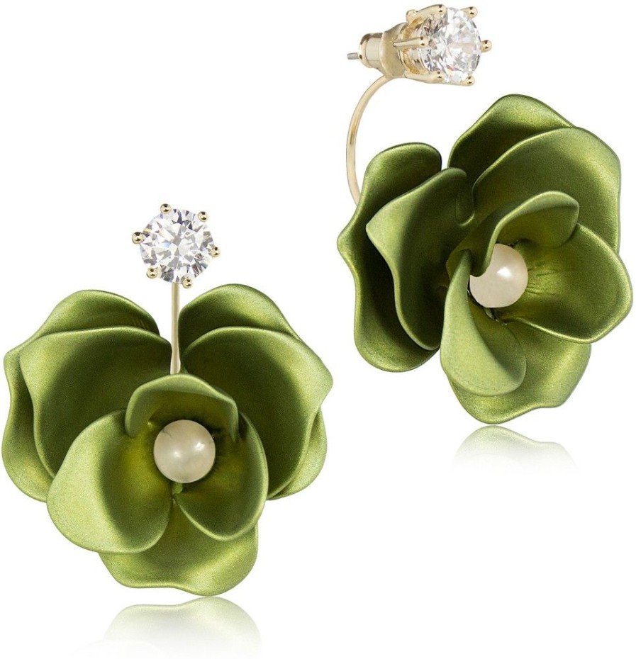 Schmuck LUISIA® | Luisia® Front Back Ohrringe Jarla Mit Blumen - 16 Karat Vergoldet Olivgrun