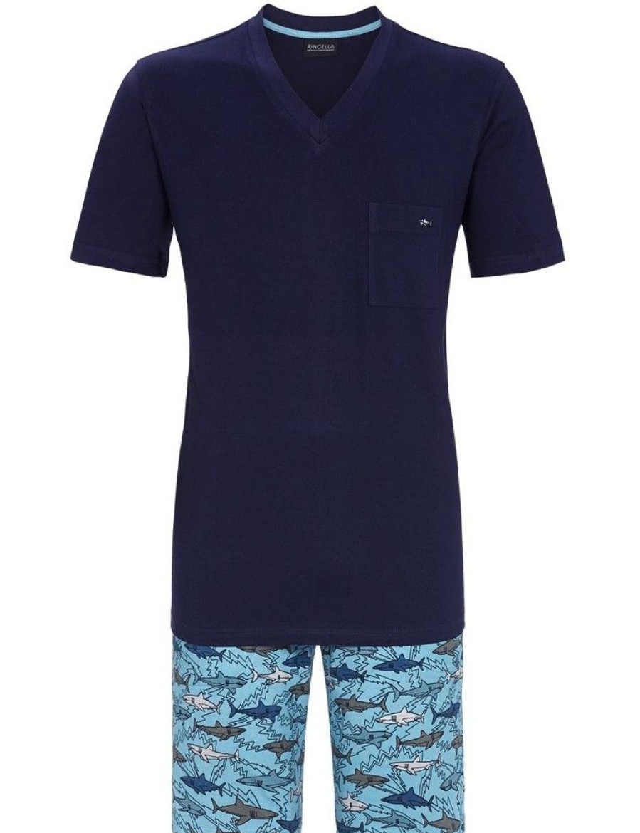 Herren Ringella Nachtwasche | Ringella Herren Shorty "Sharks" 2241312 - Navy / Blau | Sommerschlafanzug