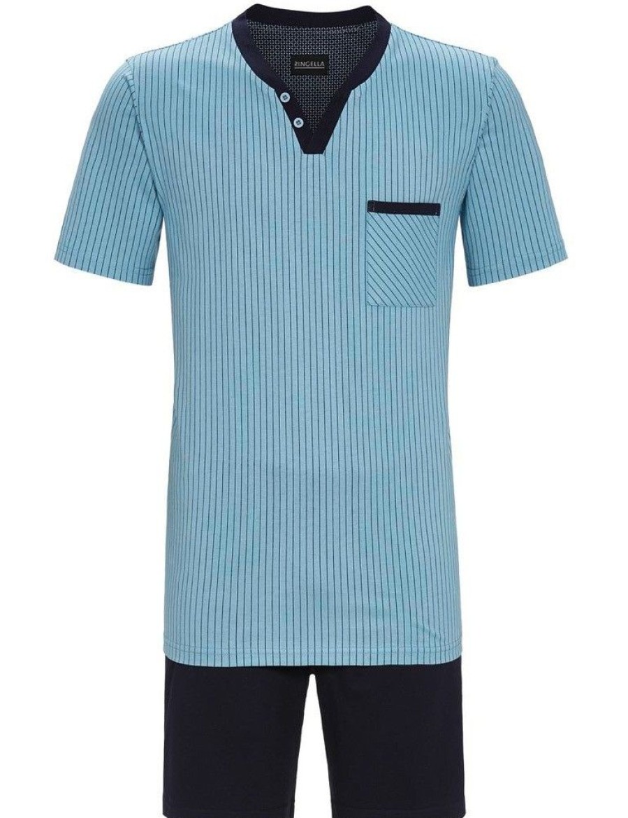 Herren Ringella Nachtwasche | Ringella Herren Shorty Mit Nadelstreifen 2241301 - Blau / Marine | Sommerpyjama