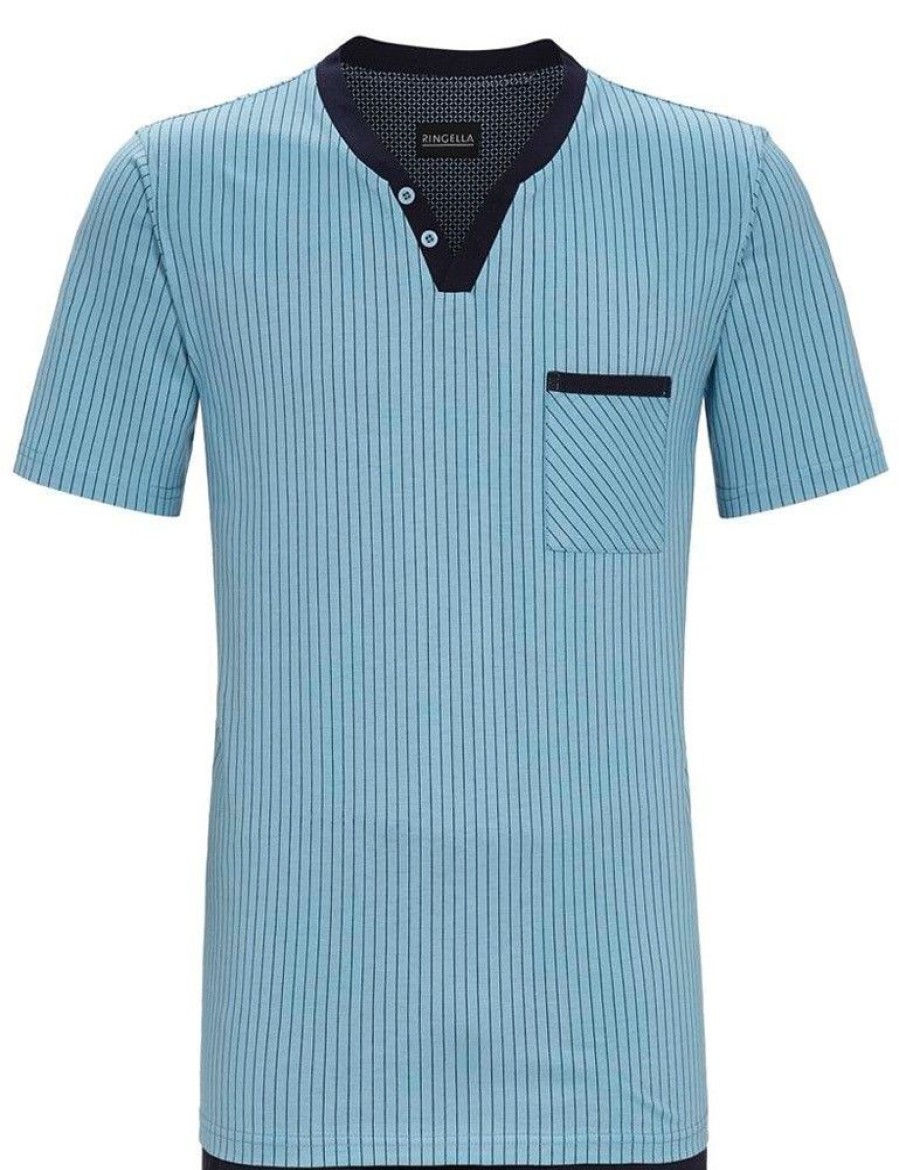 Herren Ringella Nachtwasche | Ringella Herren Shorty Mit Nadelstreifen 2241301 - Blau / Marine | Sommerpyjama