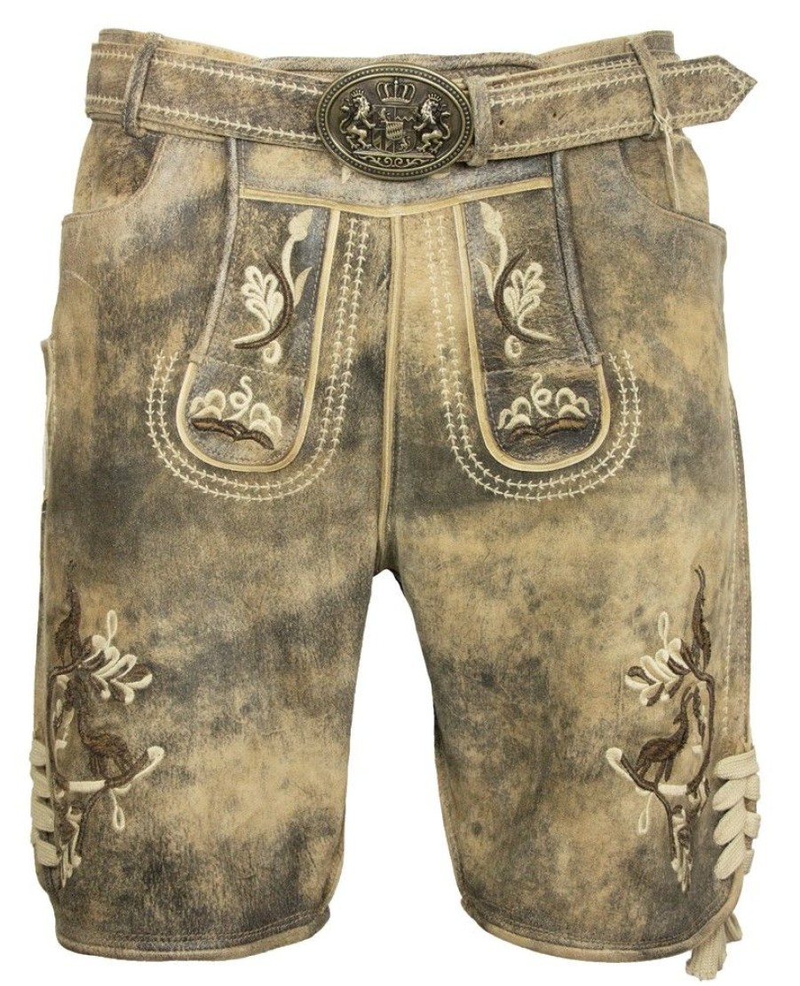 Herren Maddox Lederhosen | Maddox Kurze Herren Lederhose "Kobel" Mit Gurtel | Antik Braun Beige