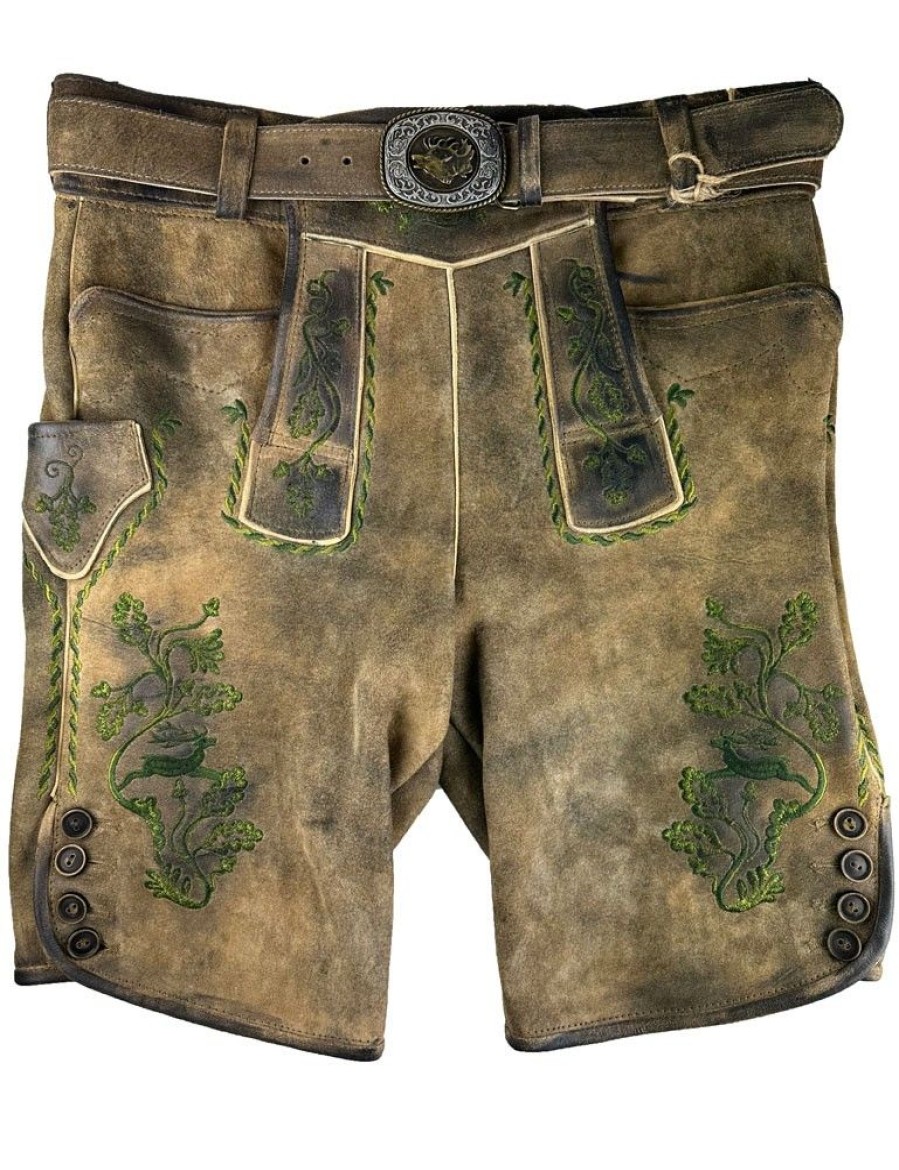 Herren Maddox Lederhosen | Maddox Kurze Lederhose "Rothsee" Mit Gurtel | Antik Zirbe - Grune Stickerei