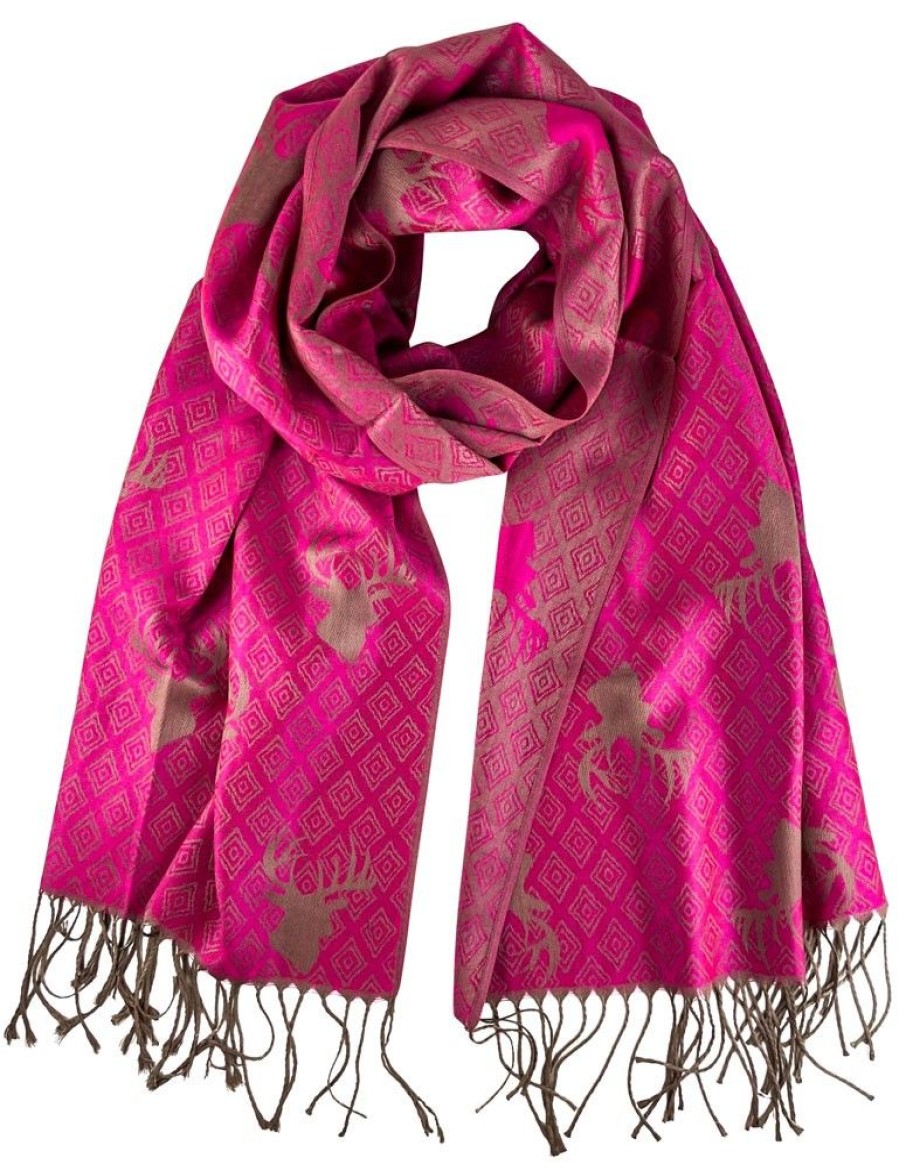 Damen Trachtenland Trachtentucher | Halstuch Schal Mit Hirschkopf Motiv 185 X 70 Cm | Pink / Gold