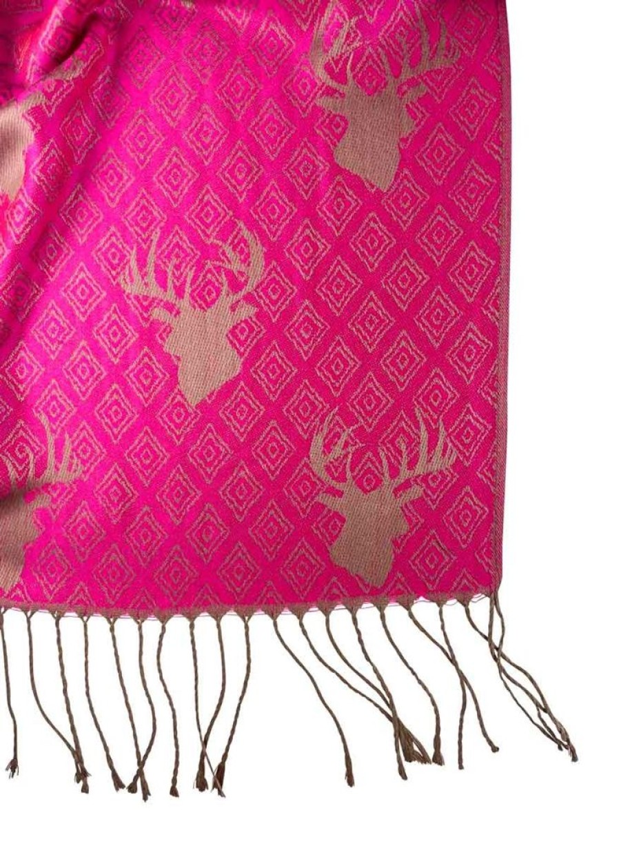 Damen Trachtenland Trachtentucher | Halstuch Schal Mit Hirschkopf Motiv 185 X 70 Cm | Pink / Gold