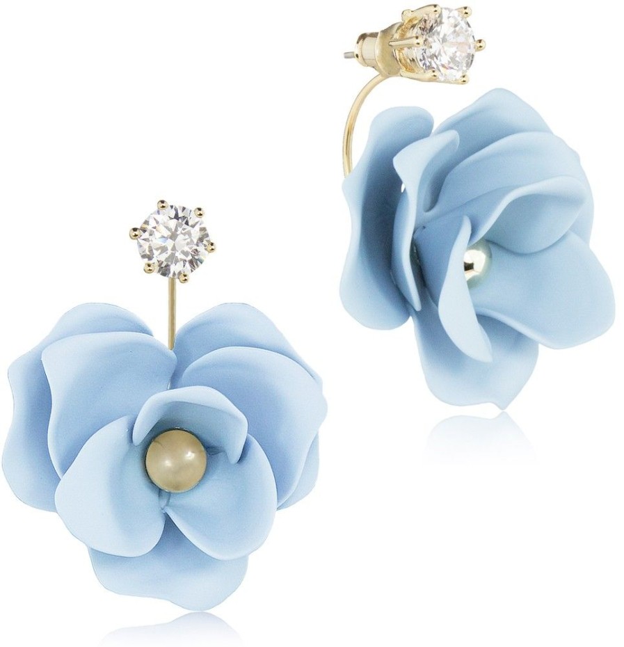 Schmuck LUISIA® | Luisia® Front Back Ohrringe Jarla Mit Blumen - 16 Karat Vergoldet Hellblau