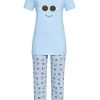 Damen Ringella Nachtwasche | Ringella Damen Pyjama "Smiley" 2211201 - Hellblau | Schlafanzug