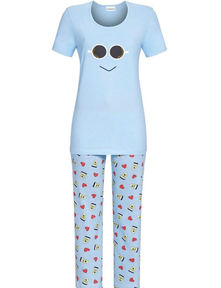 Damen Ringella Nachtwasche | Ringella Damen Pyjama "Smiley" 2211201 - Hellblau | Schlafanzug