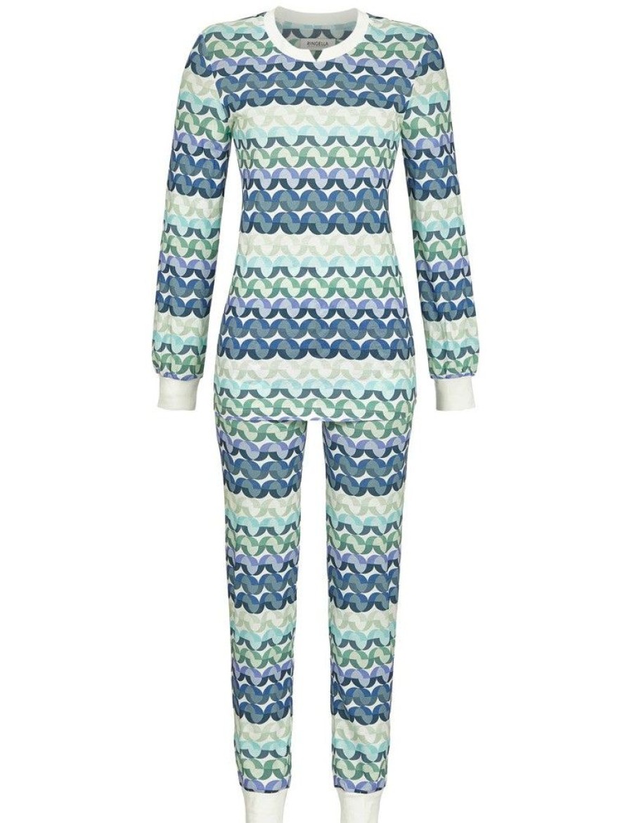 Damen Ringella Nachtwasche | Ringella Damen Langarm Pyjama "Geometric" Mit Strickbundchen 2511212 | Bunt Blau