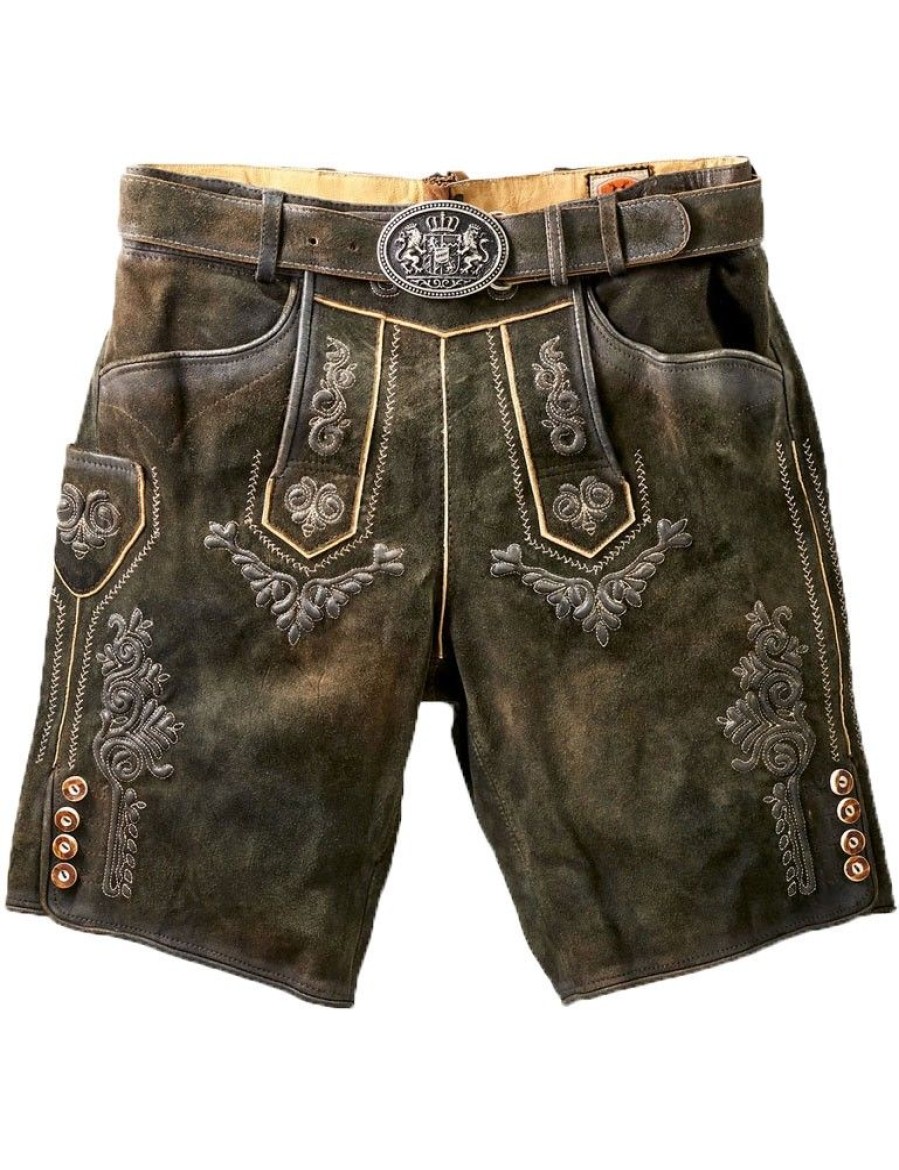 Herren Maddox Lederhosen | Maddox Kurze Herren Lederhose "Ronn" Mit Gurtel | Antik Moor