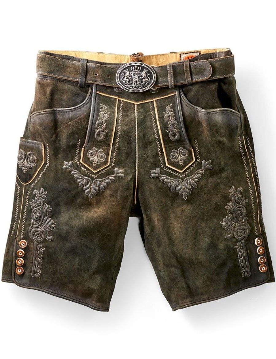 Herren Maddox Lederhosen | Maddox Kurze Herren Lederhose "Ronn" Mit Gurtel | Antik Moor