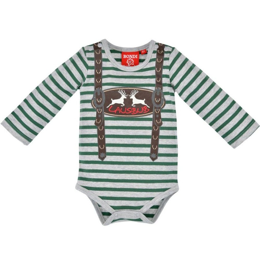 Jungen BONDI Baby Bodys | Bondi Langarm Baby Body "Lausbub" Mit Hosentragern 91464 | Grau Grun Geringelt