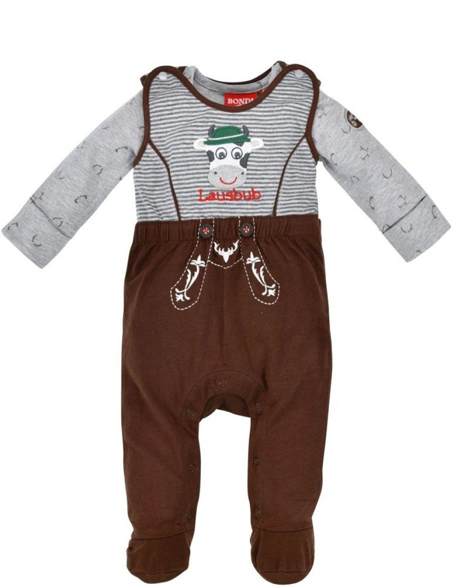 Jungen BONDI Baby Strampler | Bondi Baby Strampler "Lausbub" Mit Kuh-Motiv 91462 | Jungen Overall 2-Tlg. Braun Grau