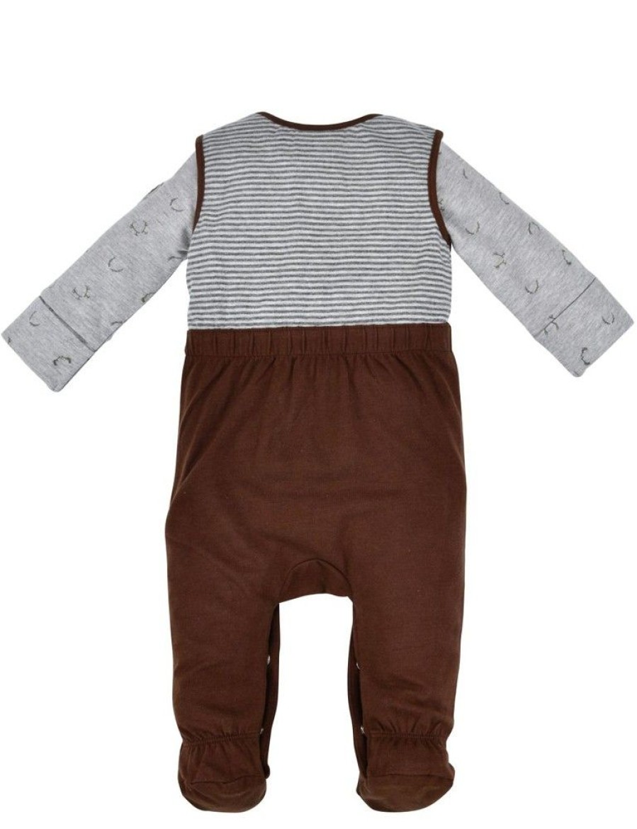 Jungen BONDI Baby Strampler | Bondi Baby Strampler "Lausbub" Mit Kuh-Motiv 91462 | Jungen Overall 2-Tlg. Braun Grau