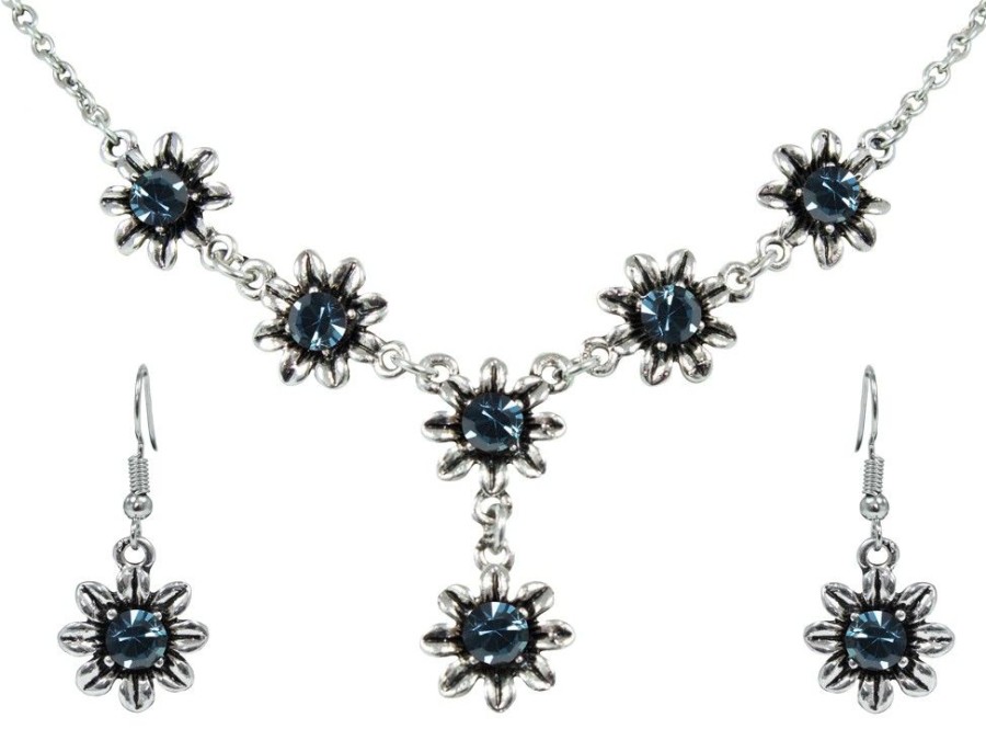 Schmuck Trachtenland | Blumen Collier Mit Ohrhangern - Ozeanblau