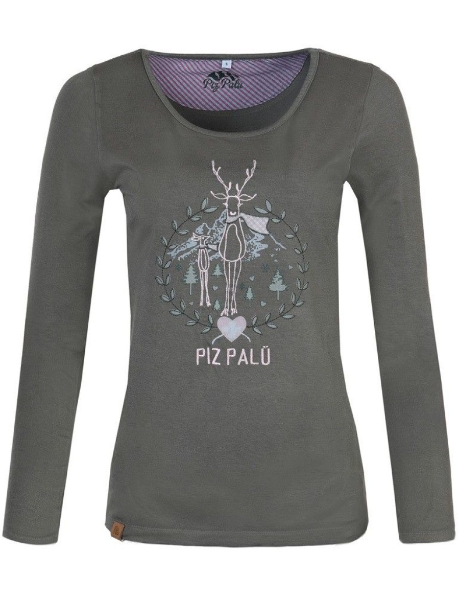 Damen Piz Palü Blusen & Shirts | Piz Palu Damen Langarmshirt "Gerach" Mit Hirsch Stickerei | 010025 - Olivgrun