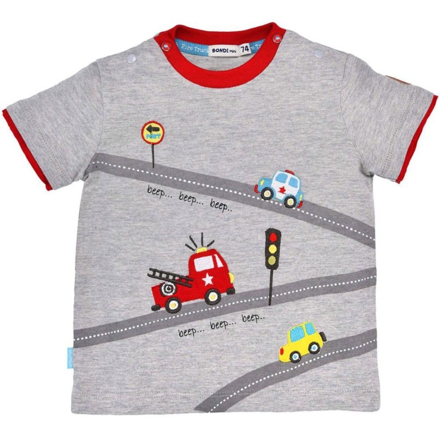 Jungen BONDI Fur´S Baby | Bondi Baby Jungen T-Shirt "Traffic" 91480 - Grau/Rot | Kinder Kurzarmshirt Auto Feuerwehr