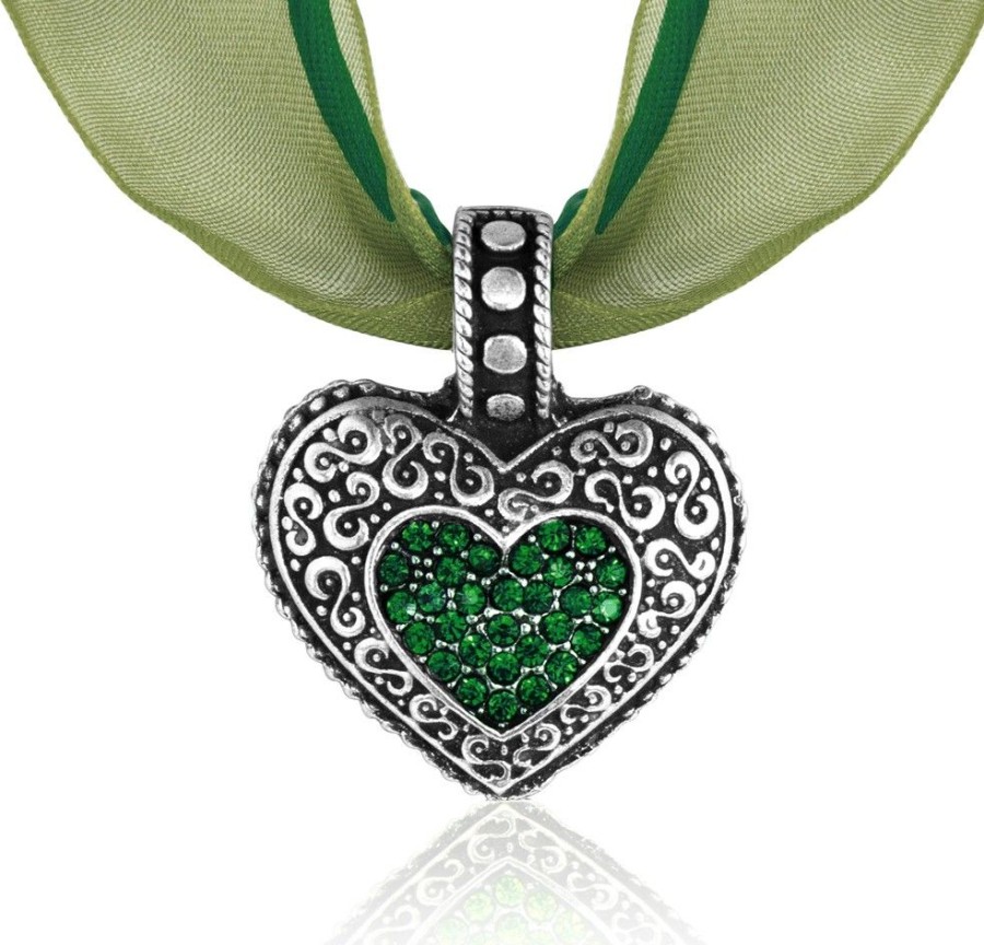 Schmuck Trachtenland | Halskette Ornament Herz Mit Kristallen Von Swarovski® - Tannengrun