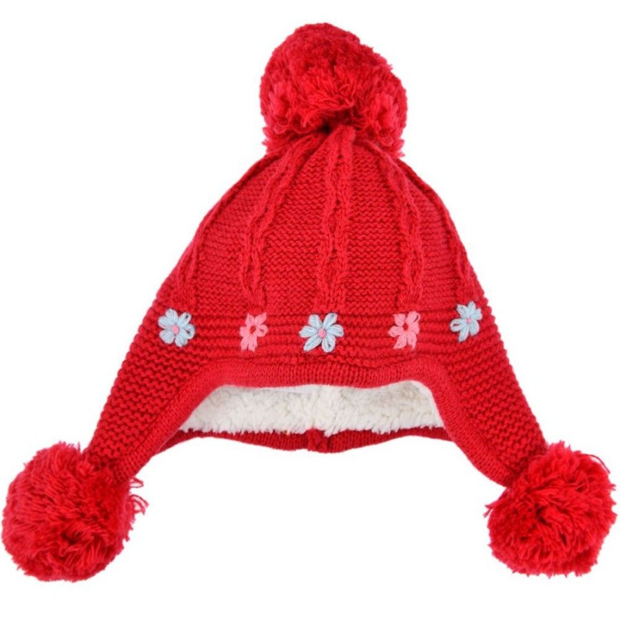 Madchen BONDI Hute & Haarschmuck | Bondi Baby Madchen Strickmutze "Blumchen" 86562 - Rot | Kindermutze Wintermutze Gefuttert