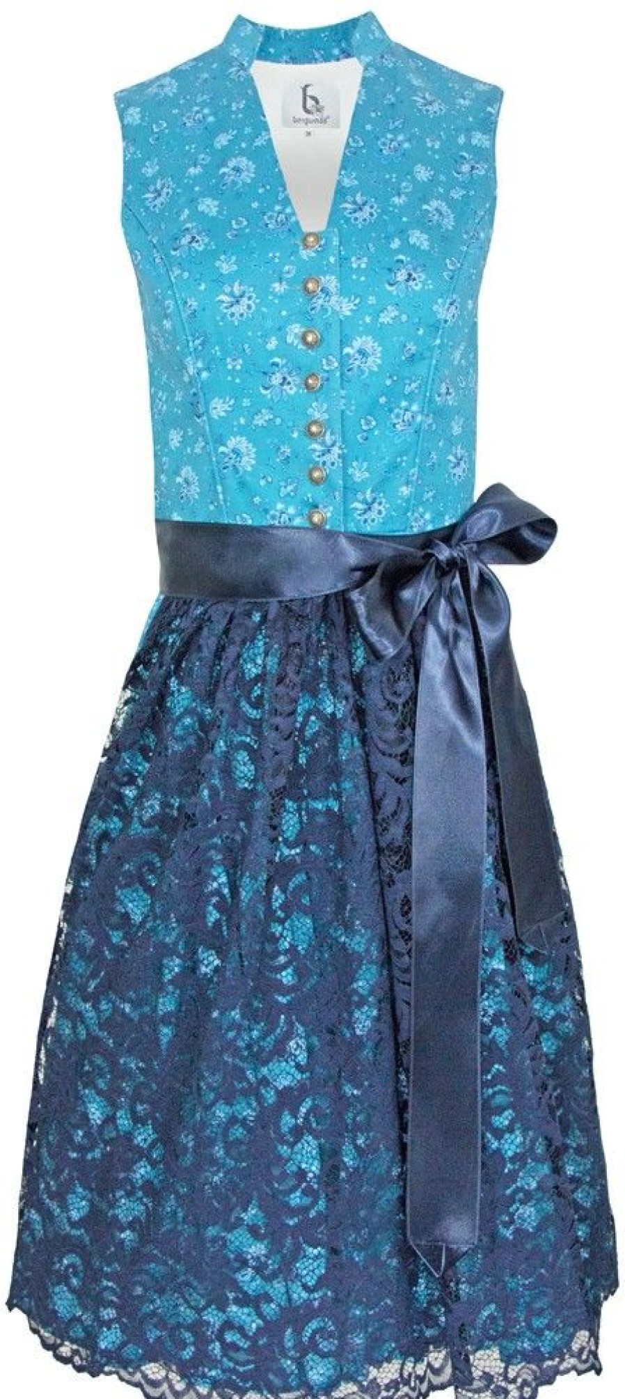 Damen Bergweiss Trachten Dirndl | Bergweiss Trachten Hochgeschlossenes Damen Dirndl Mariella - Turkis Dunkelblau 65Cm