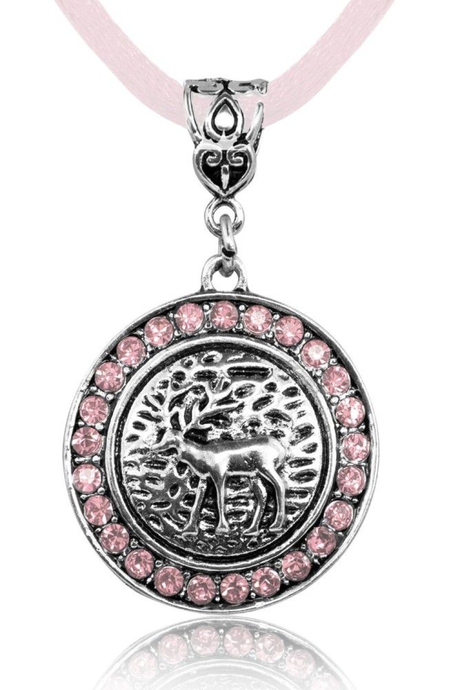 Schmuck Trachtenland | Trachten Halskette Mit Hirsch Strass Medaillon - Rosa