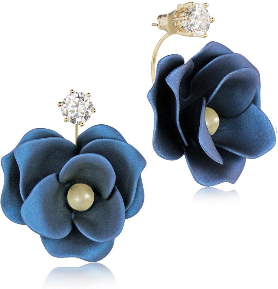 Schmuck LUISIA® | Luisia® Front Back Ohrringe Jarla Mit Blumen - 16 Karat Vergoldet Dunkelblau