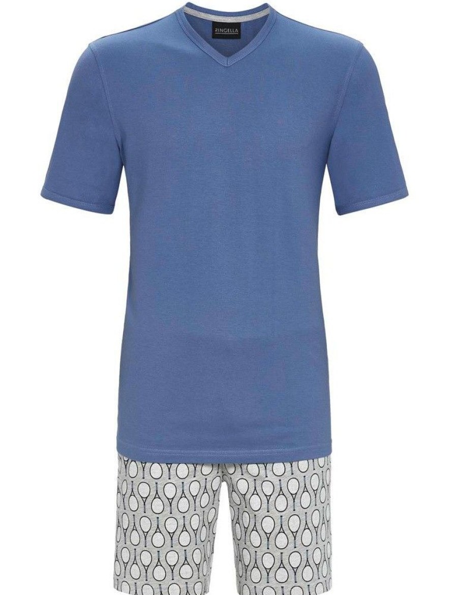 Herren Ringella Nachtwasche | Ringella Herren Shorty "Tennis" 2241317 - Blau / Grau | Sommerschlafanzug