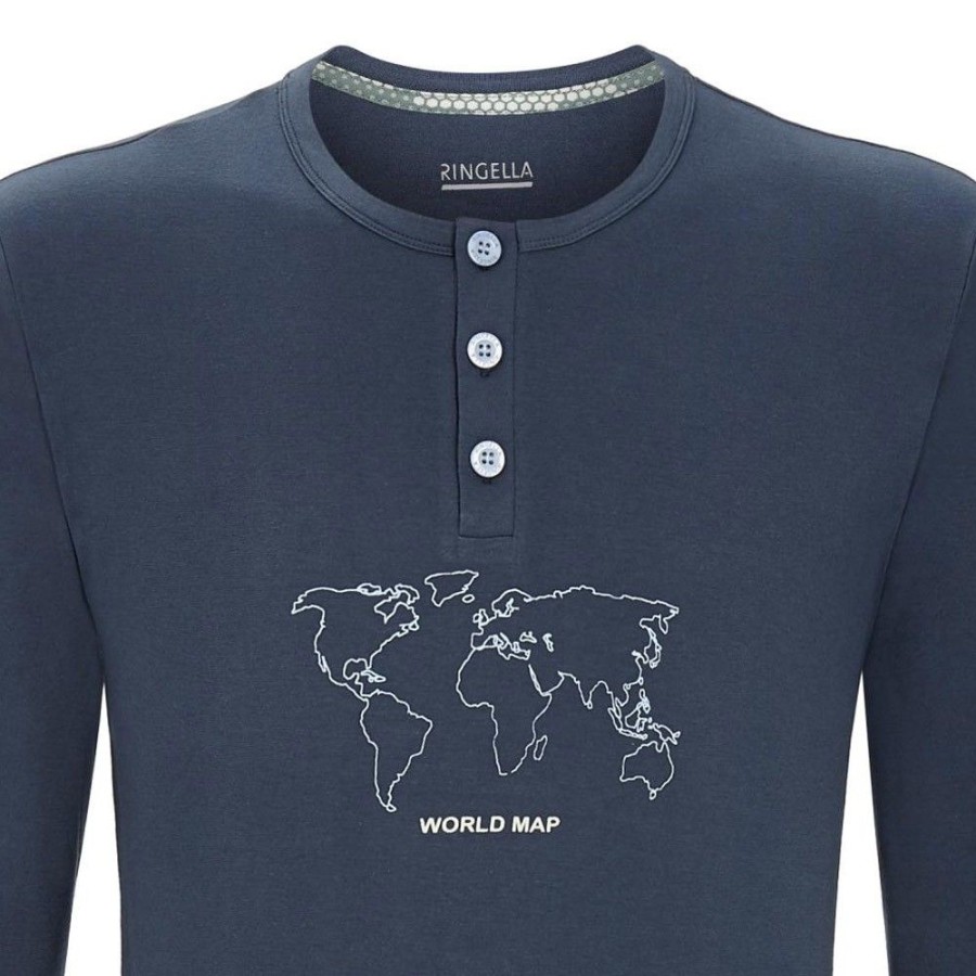 Herren Ringella Nachtwasche | Ringella Herren Langarm Pyjama "World Map" 2541201 | Dark Petrol Blau