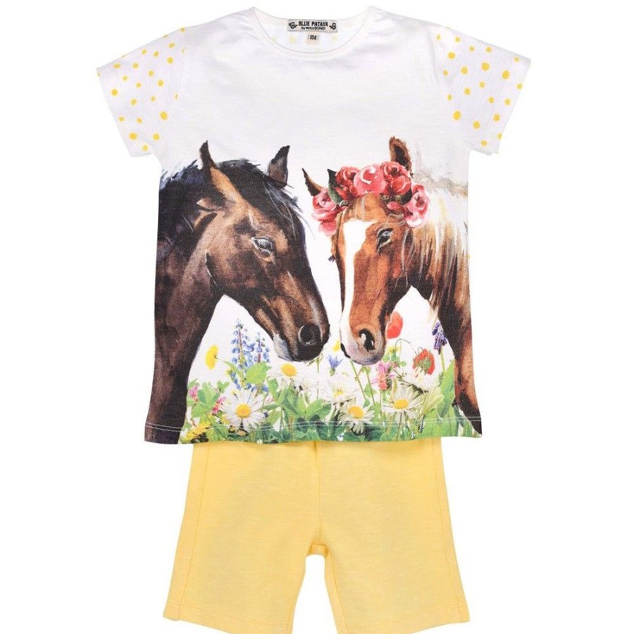 Madchen BONDI Blusen / Shirts | Bondi Shorty "Friends" Mit Pferde Print 36209 - Weis / Gelb | Madchen Schlafanzug