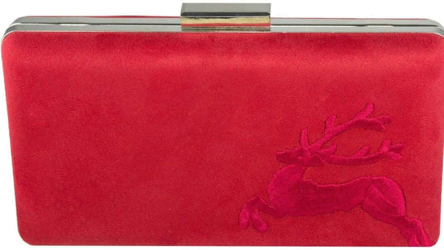 Damen Trachtenland Handtaschen | Clutch Mit Hirschstickerei - Abendtasche Fur Damen - Rot