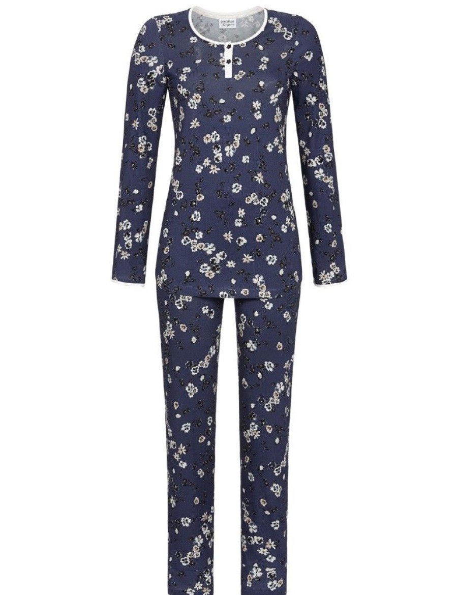 Damen Ringella Nachtwasche | Ringella Damen Langarm Pyjama "Romantic Flowers" 2561216 | Dark Shadow Blau