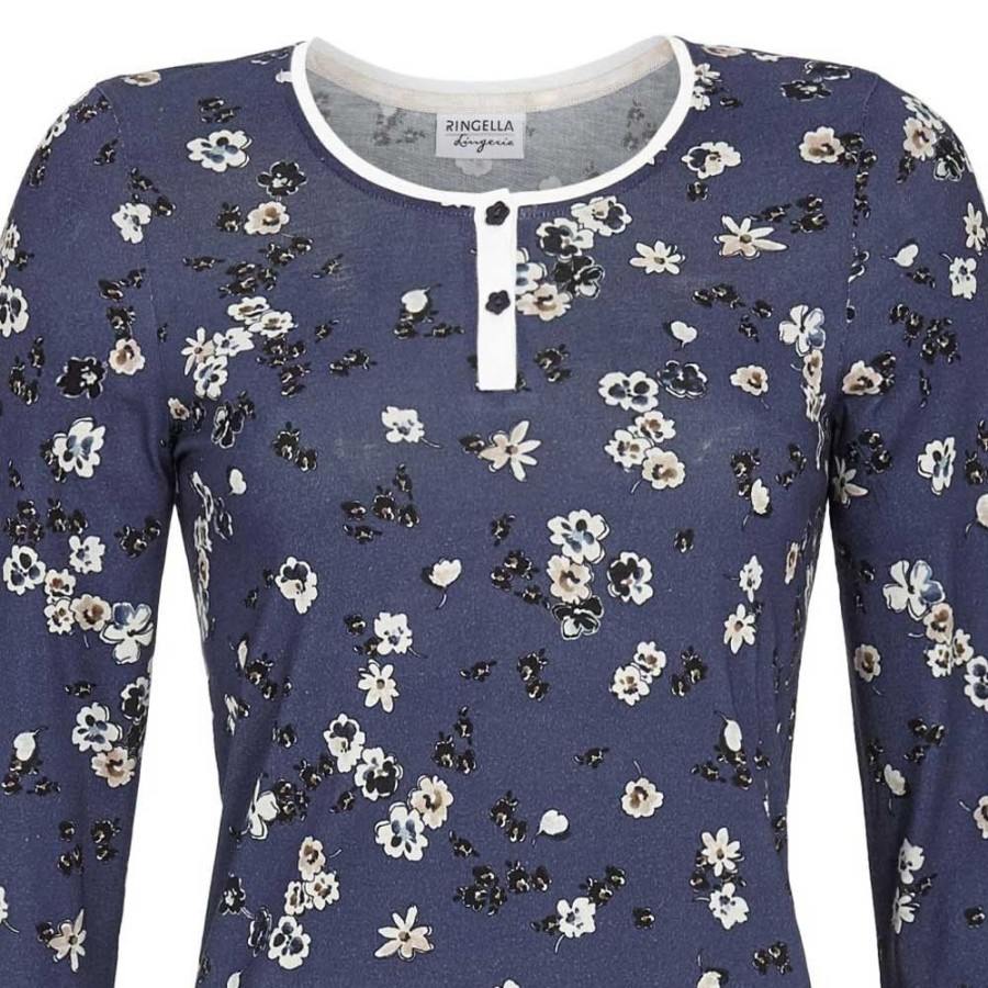 Damen Ringella Nachtwasche | Ringella Damen Langarm Pyjama "Romantic Flowers" 2561216 | Dark Shadow Blau