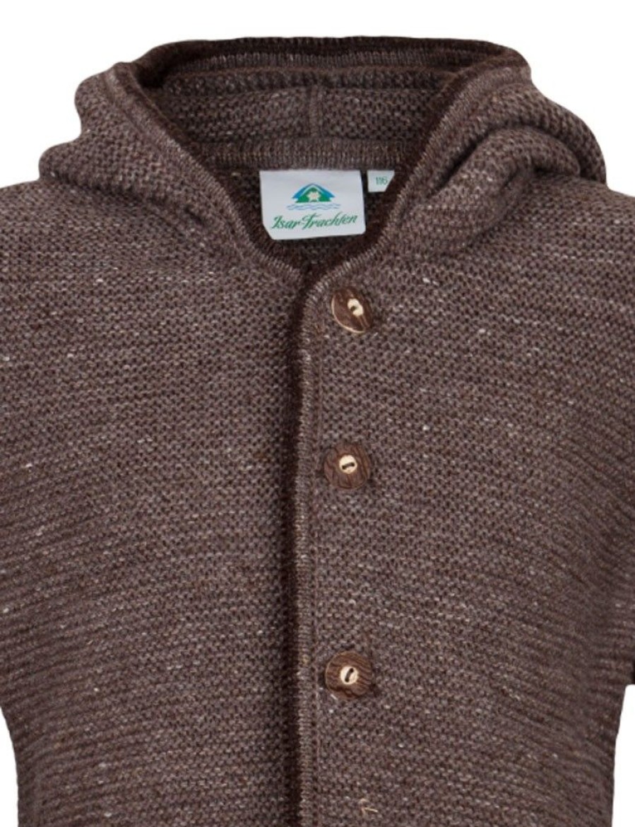 Jungen Isar-Trachten Jacken | Isar-Trachten Kinder Janker Mit Kapuze 47083 | Strickjacke Mode Braun