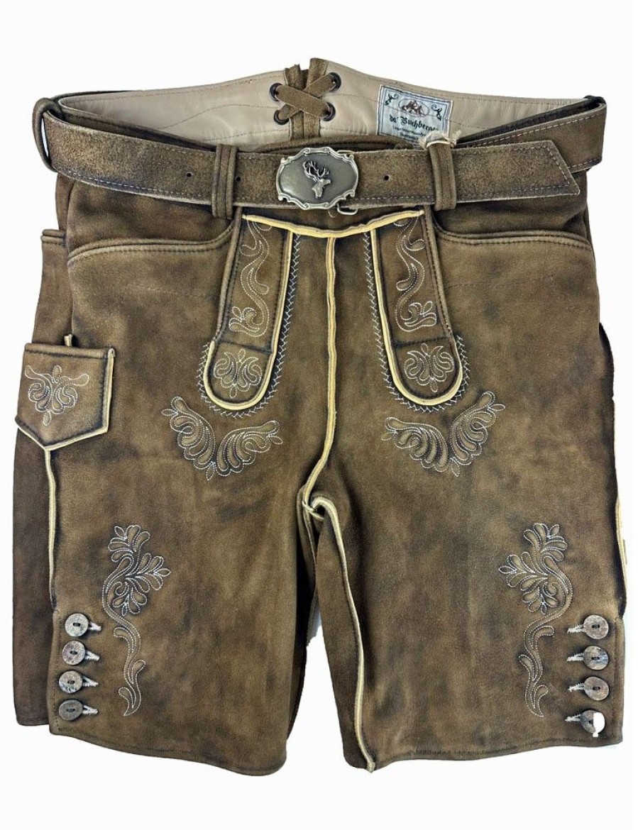 Herren Da´ Buchberger Lederhosen | Buchberger Kurze Lederhose "Hubert 3" Mit Gurtel | Ziegenvelours Braun Used