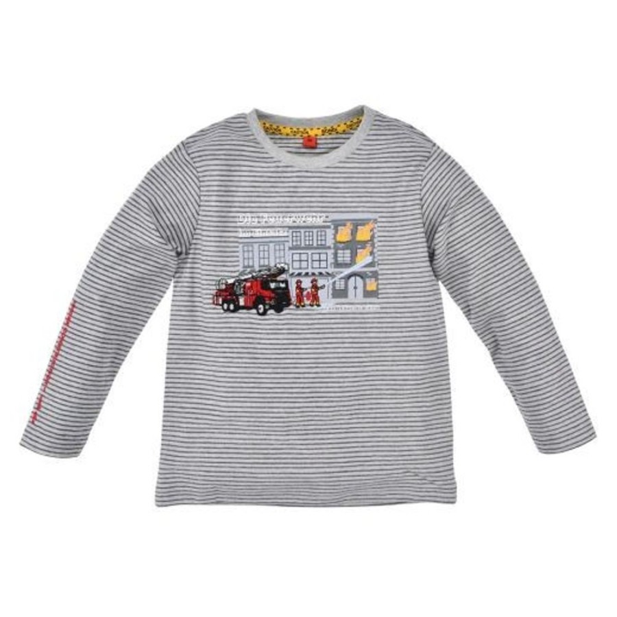 Jungen BONDI Shirts | Bondi Jungen Langarmshirt "Feuerwehr" 33161 | Grau Blau Gestreift