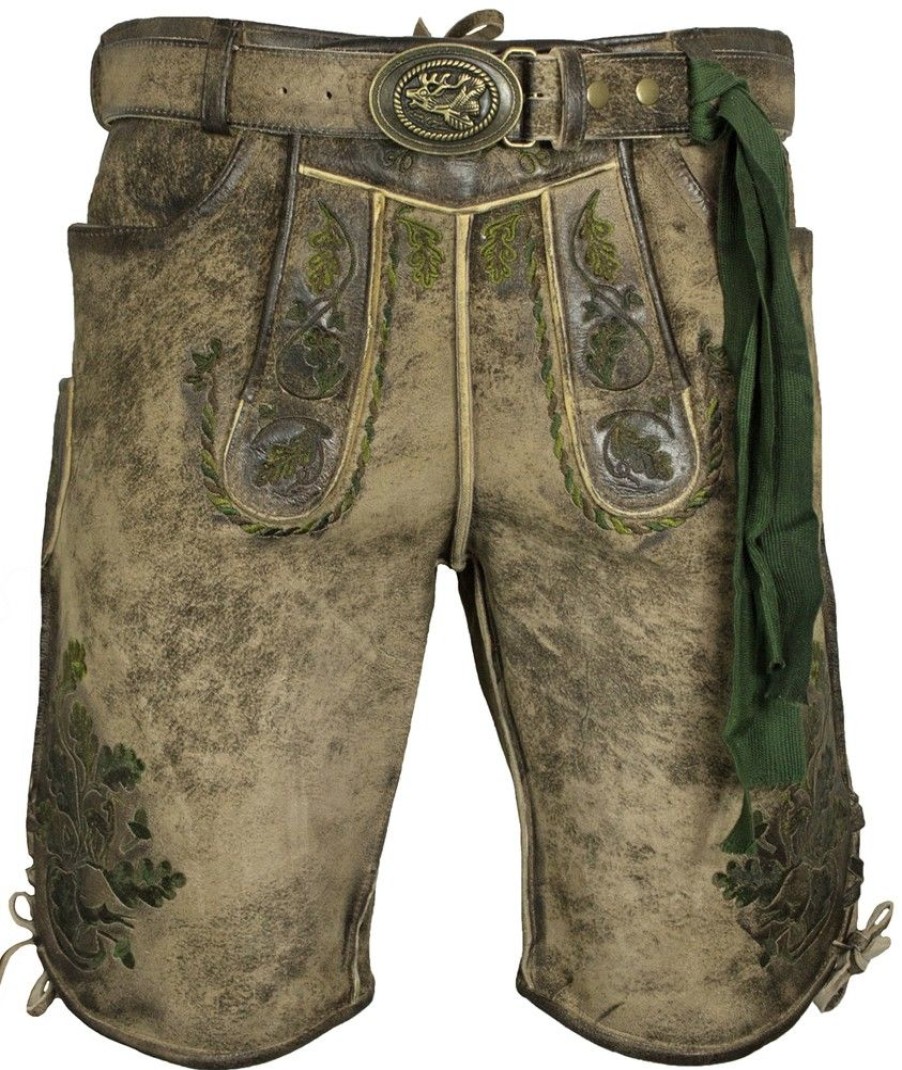 Herren Maddox Lederhosen | Maddox Kurze Herren Lederhose "Amsel" Mit Gurtel | Speckig Natur Grun