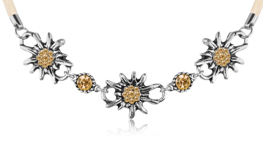 Schmuck Wolkenweis | Trachten Halskette "Selina" Collier Mit Edelweis Und Strass | Hellbraun