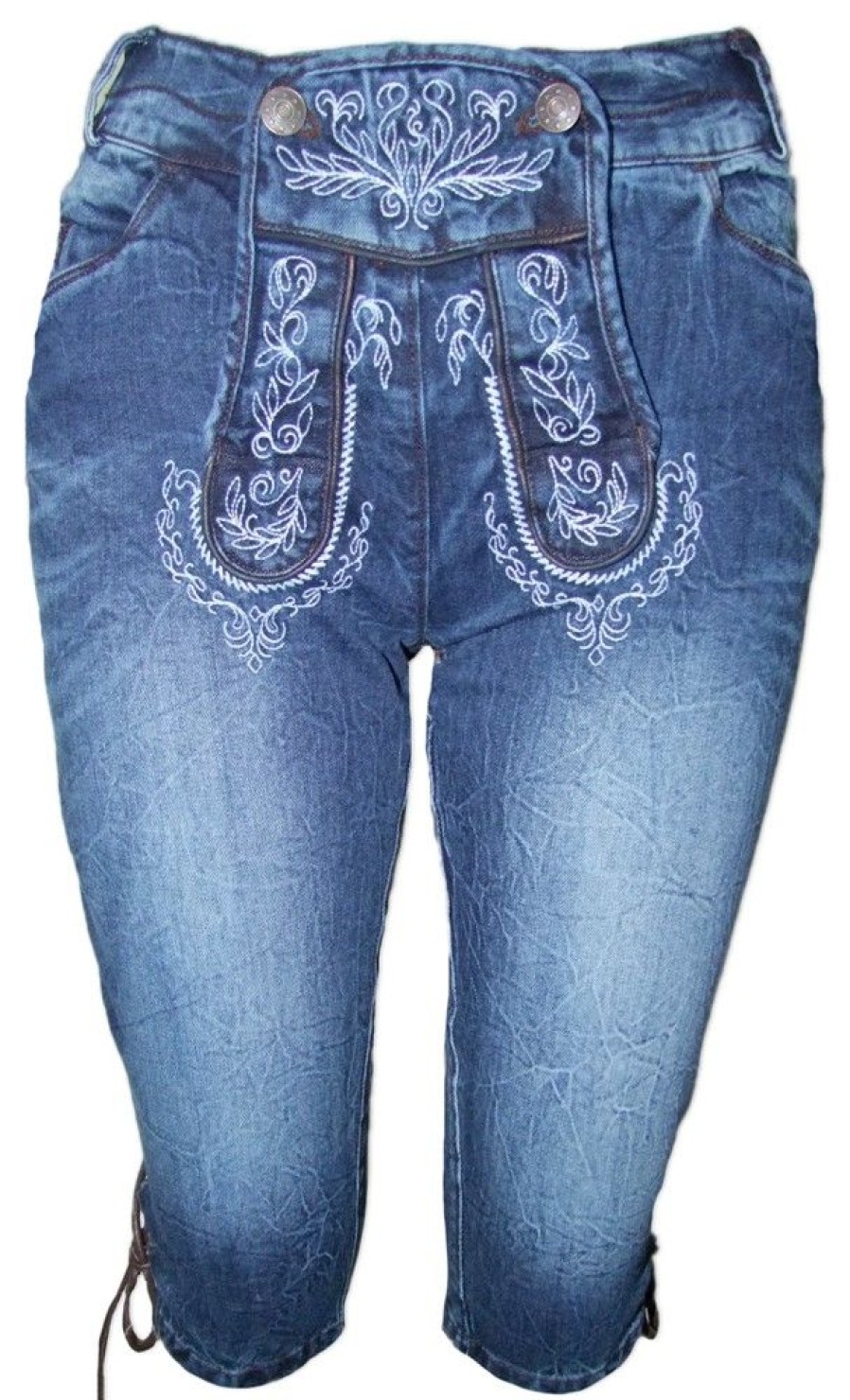 Damen Trachtenland Hosen | Lekra Damen Jeans Bea Kniebundhose In Lederhosen Optik - Blau